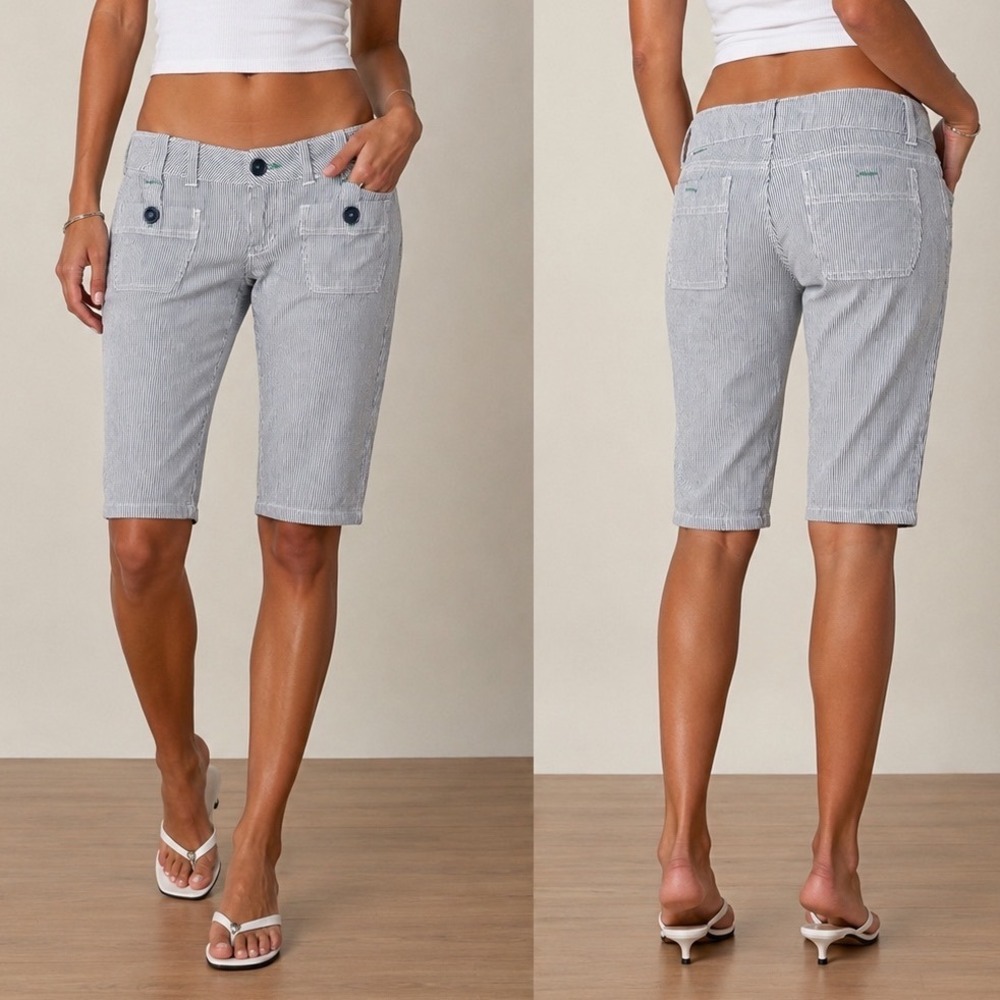 Y2K BeBop White Navy Pinstripe Capris Preppy 90s Low Pants Cotton SZ XS-S